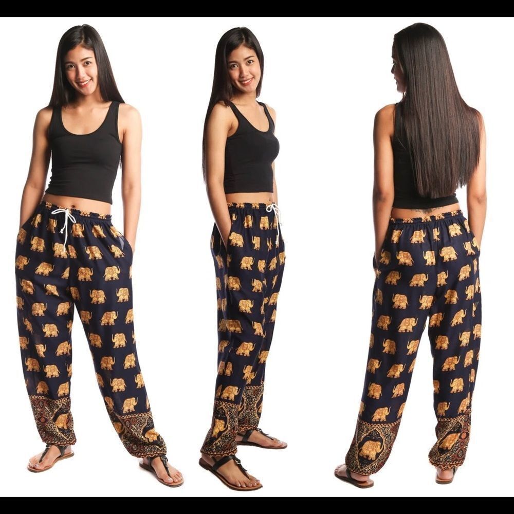 Bohotusk Royal Elephant Print Harem Pants Elasticated Smocked Waist Sz S/M